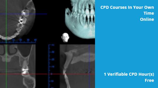 four images of cbct scan of mouth area on the left and on the right a light blue box with white text on the right with information about the course